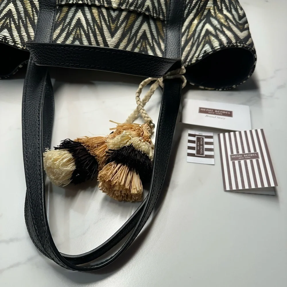 Henri Bendel Black and Tan Chevron Shoulder Tote Bag